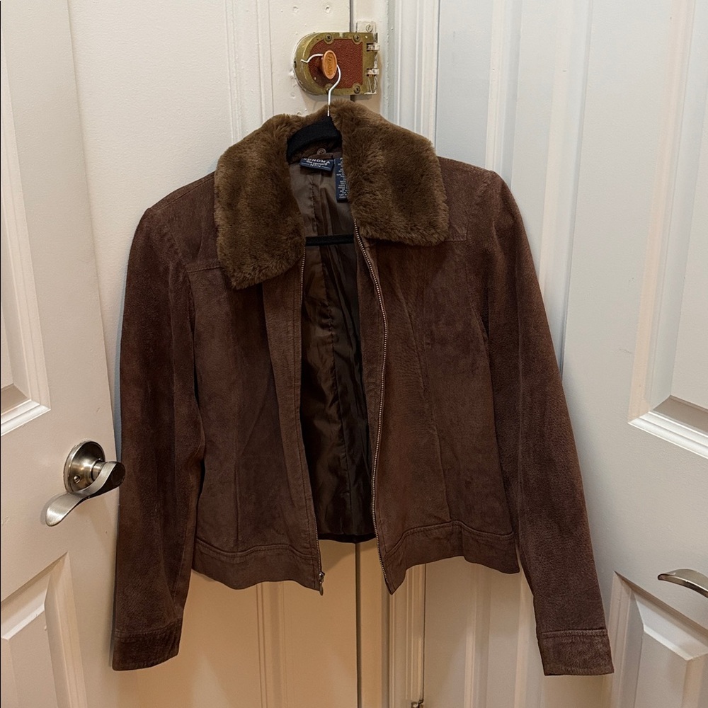Sonoma brown suede jacket removable faux fur collar, medium petite